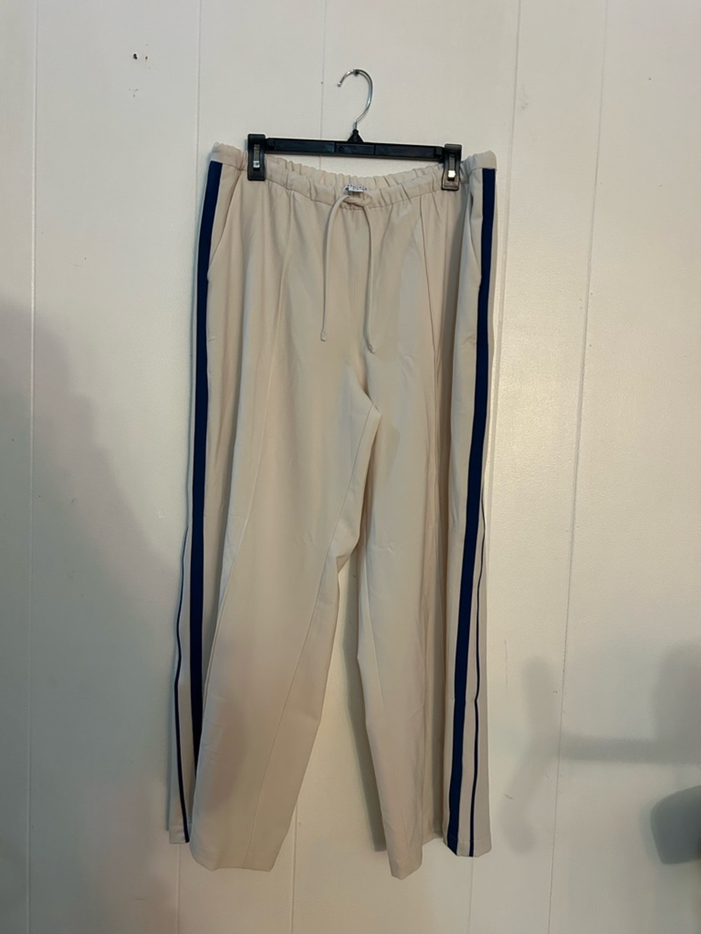 Athleta Cream Joggers with Navy Side Stripes